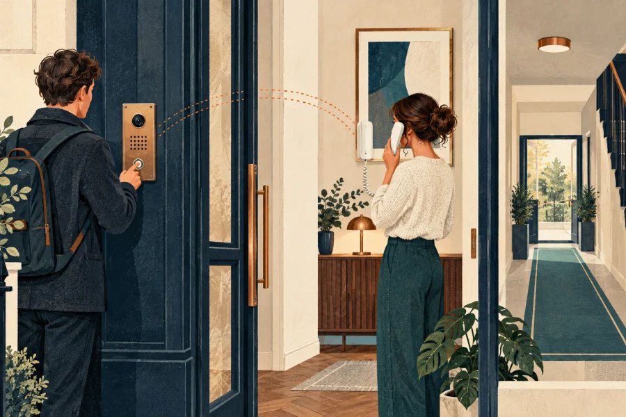 Visitor at a video intercom speaking with a resident inside an accessible apartment entrance