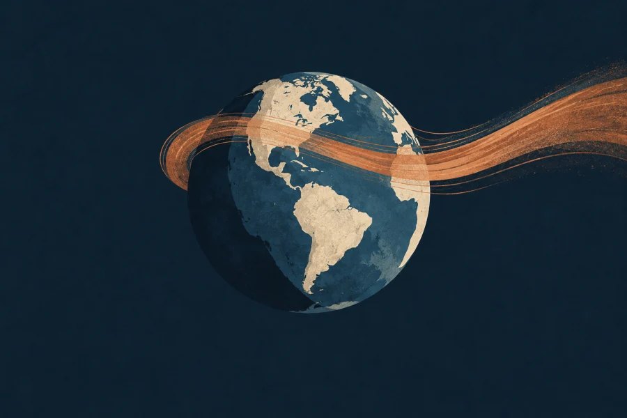 Editorial globe with a copper band suggesting air continuing east as Earth stops