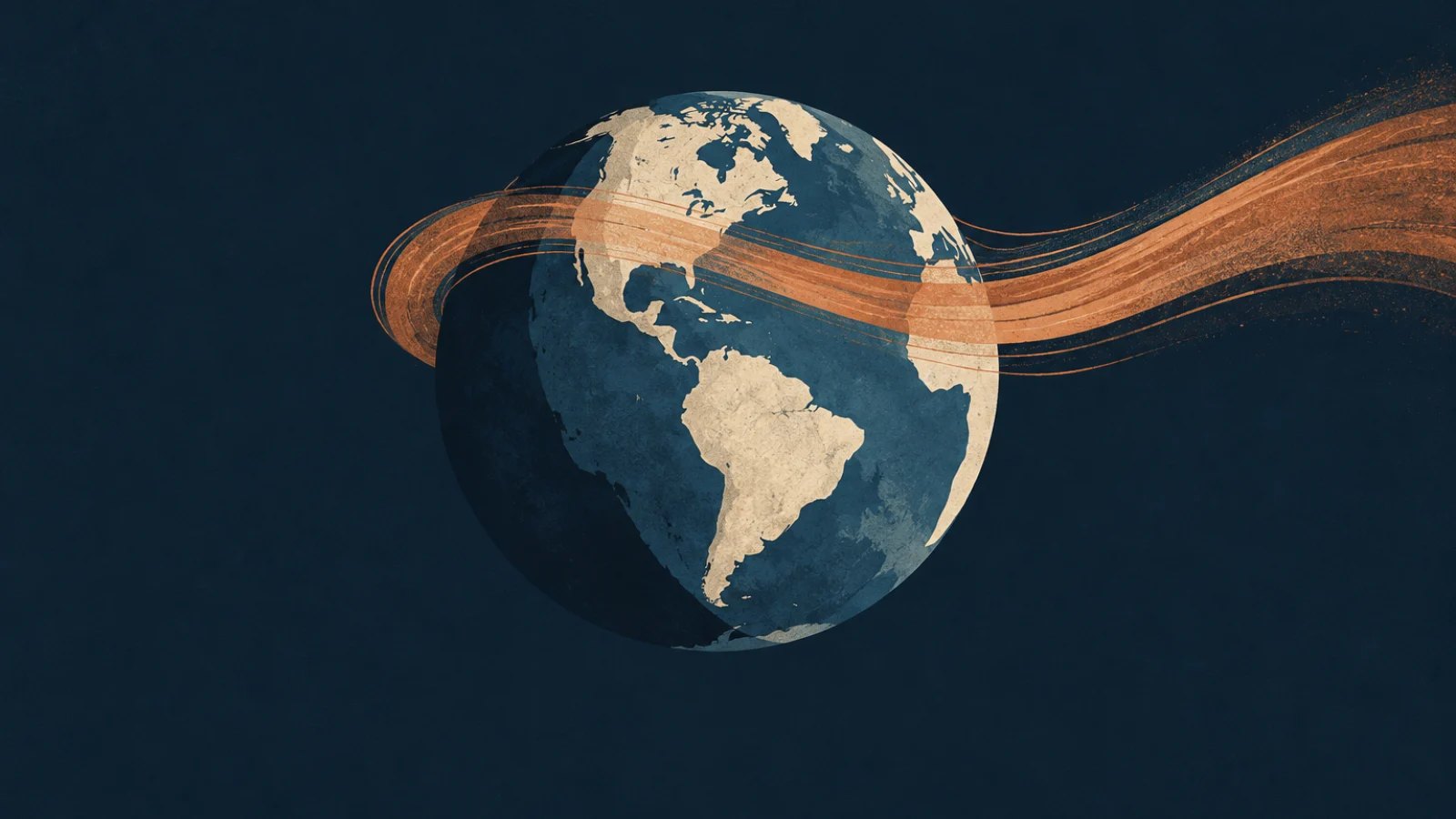 Editorial globe with a copper band suggesting air continuing east as Earth stops
