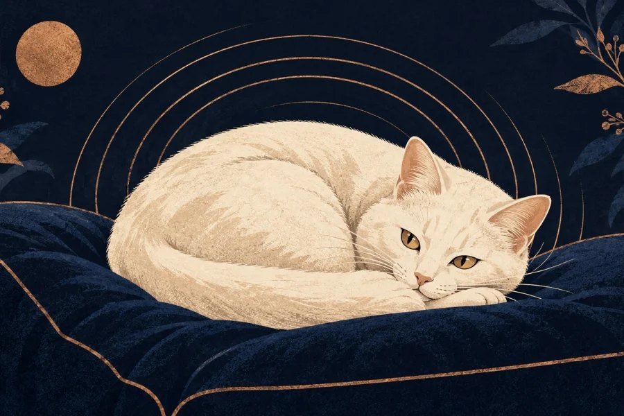 A cream cat rests on a dark cushion beneath subtle copper sound-wave arcs