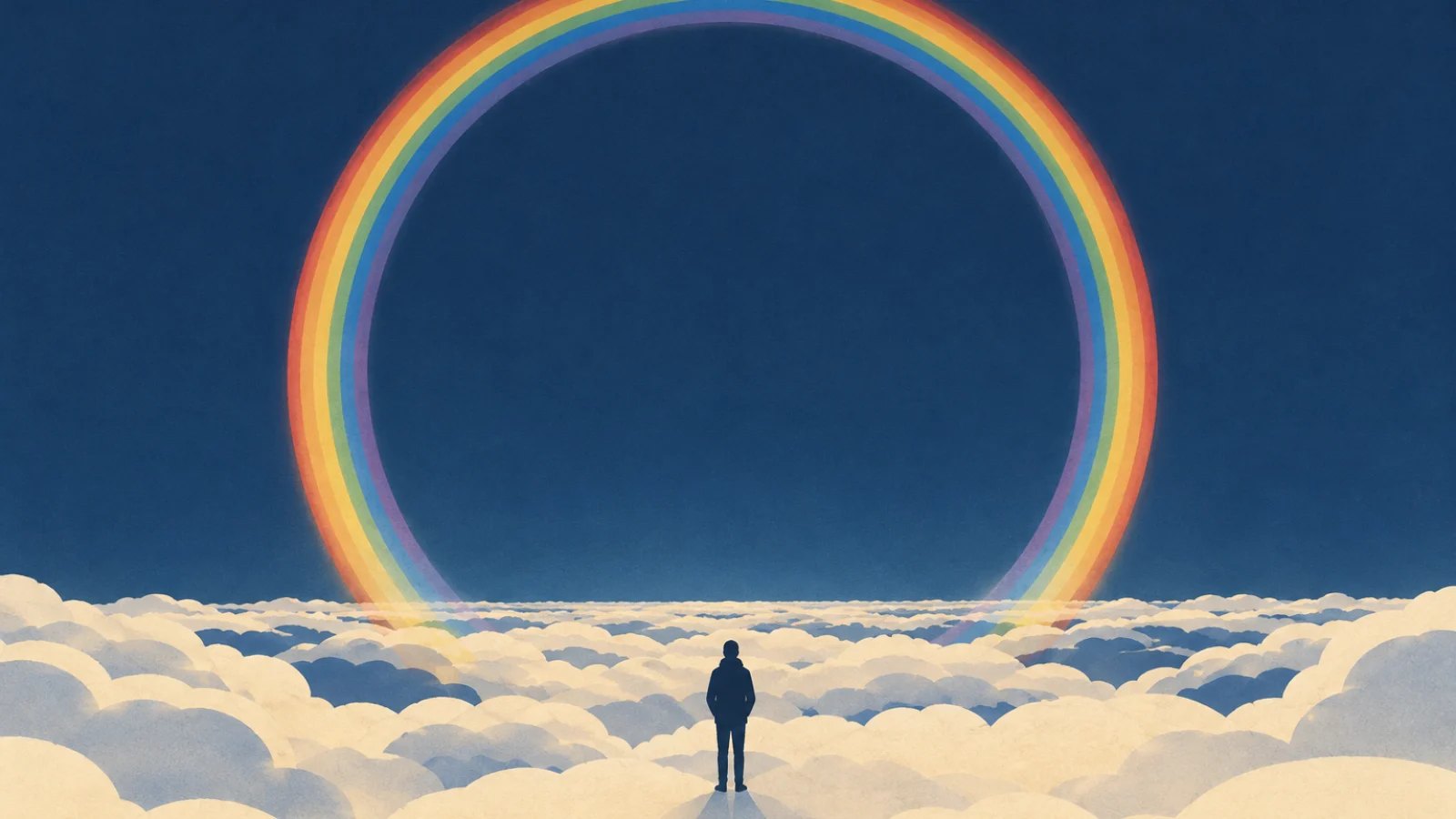 A complete circular rainbow above clouds, viewed from a high vantage point with a small observer below it.