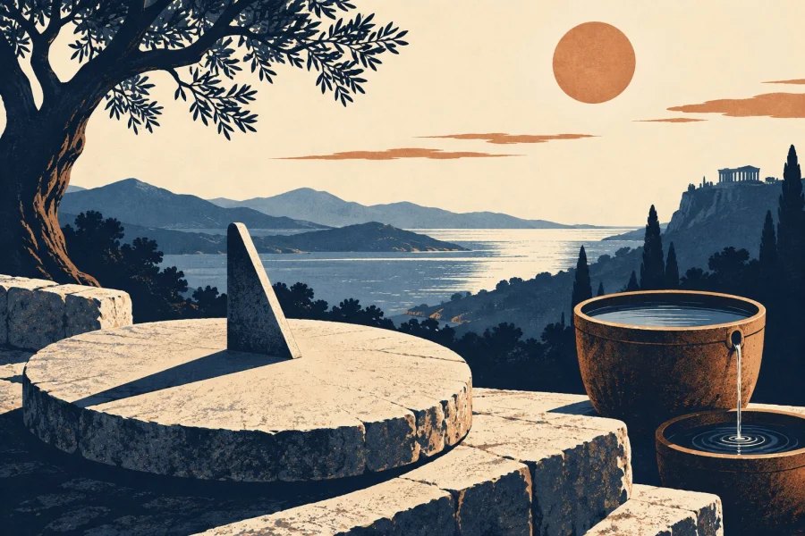 A stone sundial casts a long shadow beside a simple water clock under the Sun.
