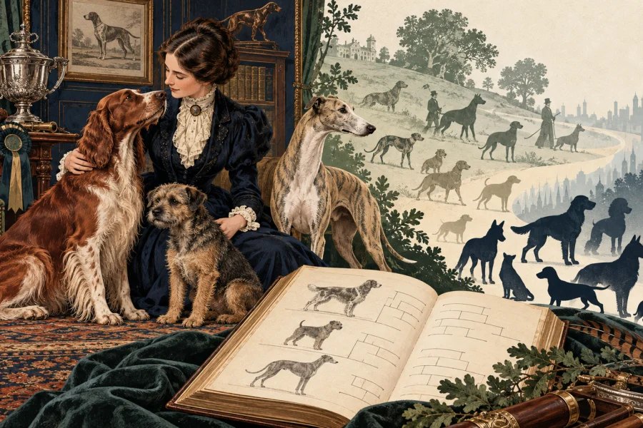 Victorian dog owner with several breeds, dog-show rosettes and a stud book