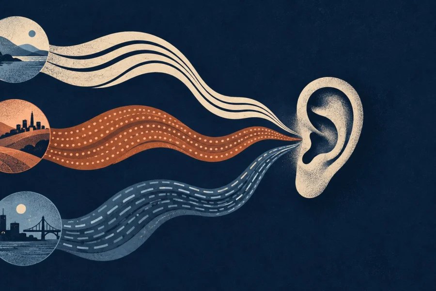 Three differently patterned voice ribbons travel from distinct places towards a listening ear