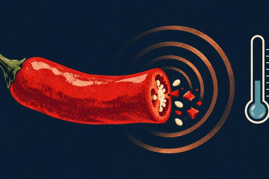 A red chilli emits copper signal rings beside a cool blue thermometer