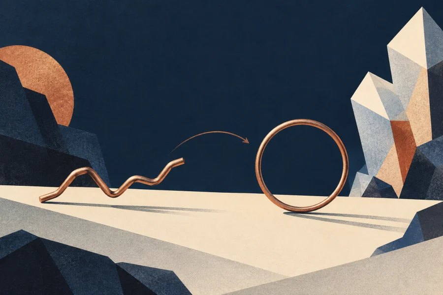 a bent metal wire transforming back into a perfect loop beside crystalline facets