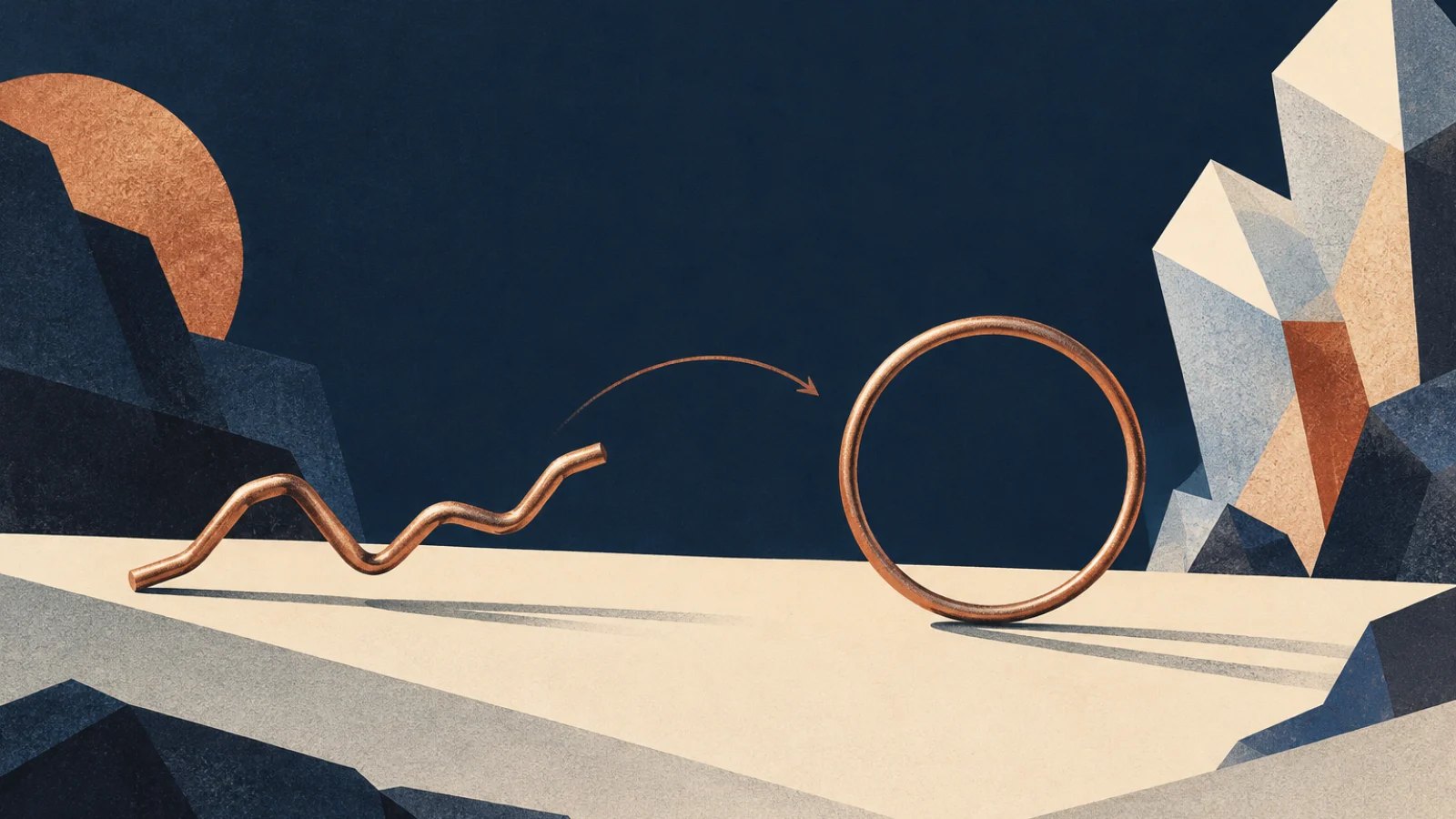 a bent metal wire transforming back into a perfect loop beside crystalline facets