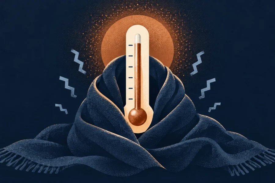 A rising thermometer wrapped in a dark blanket with shiver marks and a warm halo