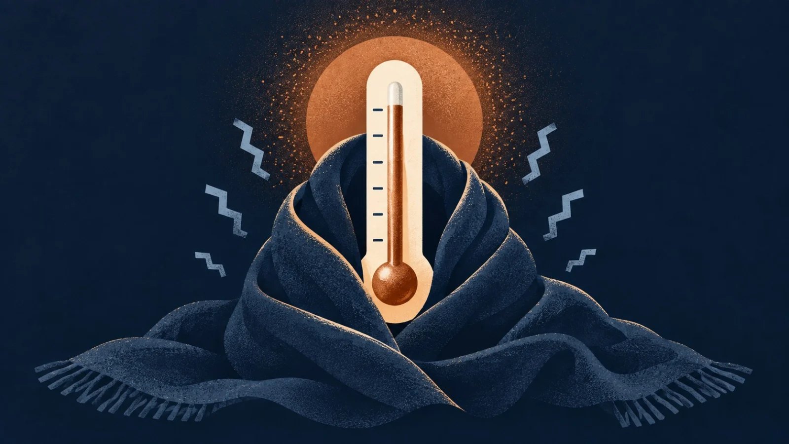 A rising thermometer wrapped in a dark blanket with shiver marks and a warm halo