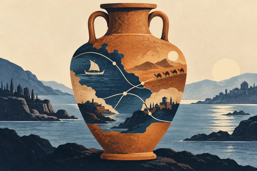 A ceramic trade vessel crossed by simple sea and caravan route lines