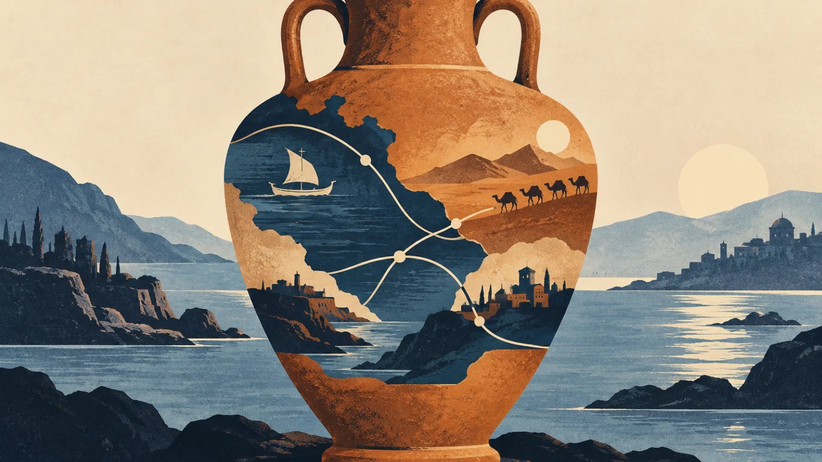 A ceramic trade vessel crossed by simple sea and caravan route lines