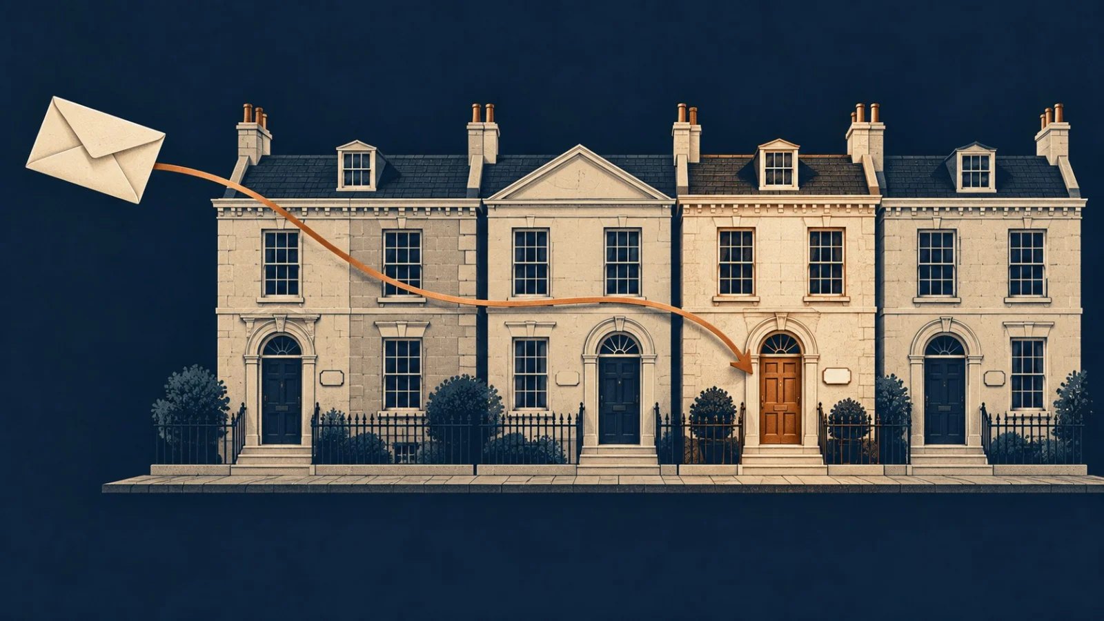 A letter's route passes a row of townhouses and points to one highlighted front door