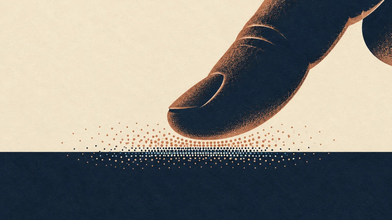 An illustrated fingertip presses a tabletop as two fields of atomic dots meet at the surface.