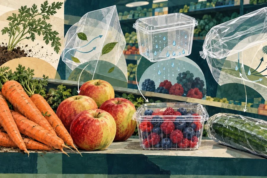 Loose fruit and vegetables beside packaged berries and cucumber in a supermarket illustration
