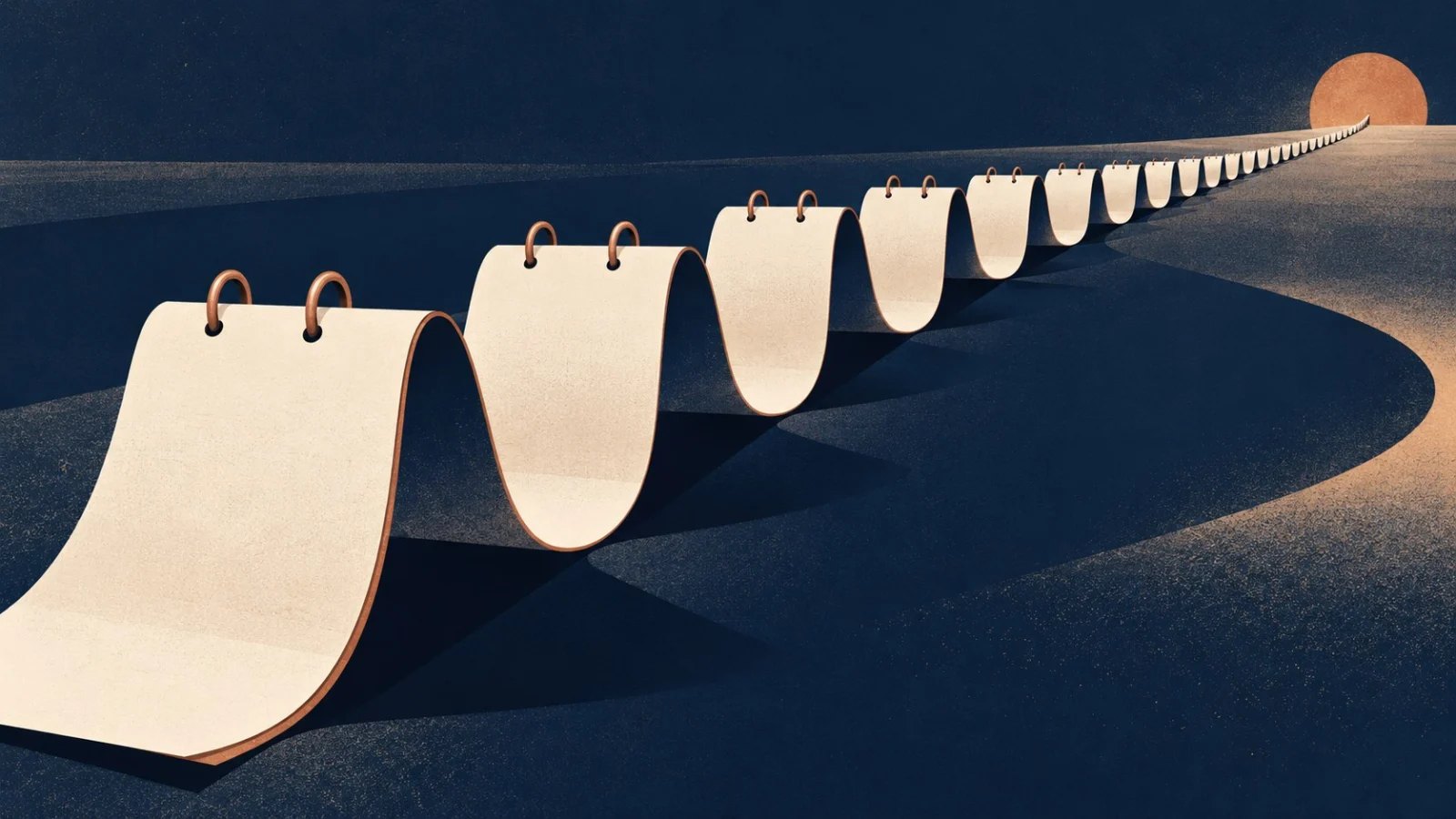 A ribbon of blank calendar pages curves into the distance, its broad early folds becoming closely spaced later ones.