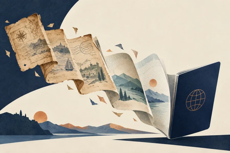 old travel papers gradually turning into a modern passport booklet
