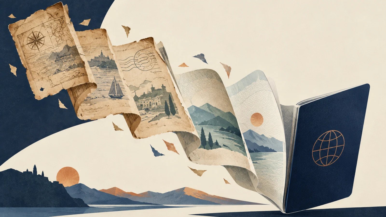 old travel papers gradually turning into a modern passport booklet
