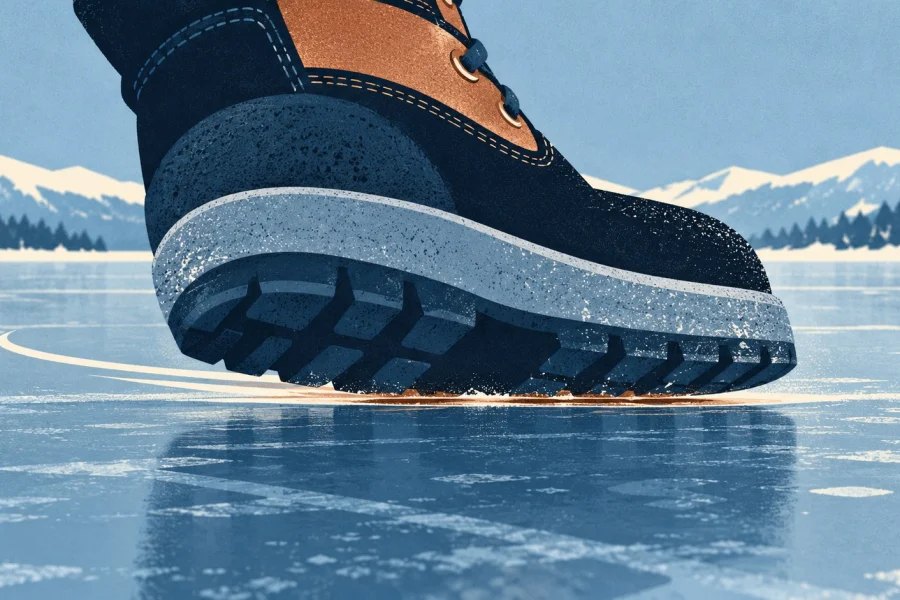A winter boot sliding over a blue ice surface, with a thin warm-toned line at the contact point