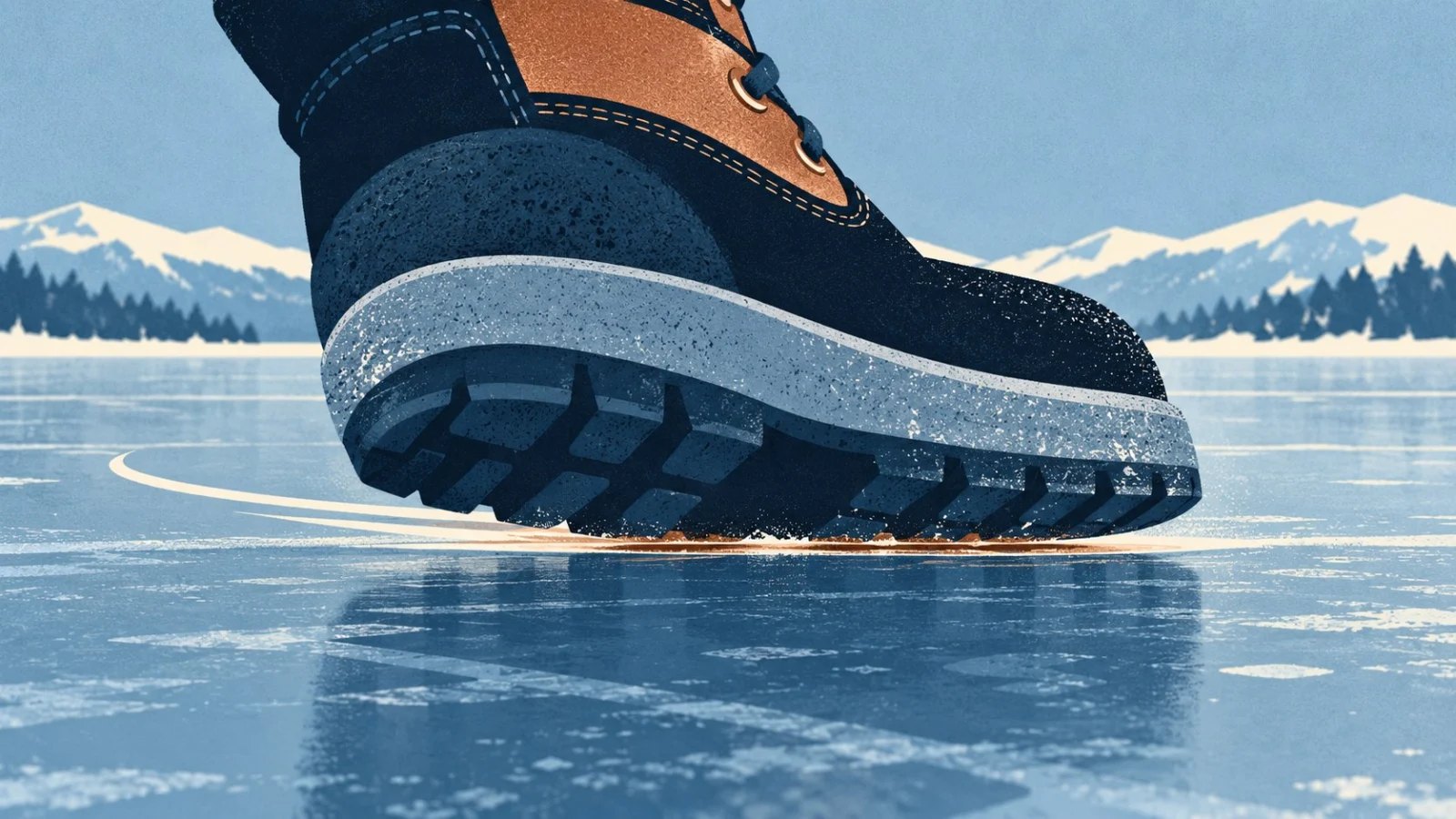 A winter boot sliding over a blue ice surface, with a thin warm-toned line at the contact point