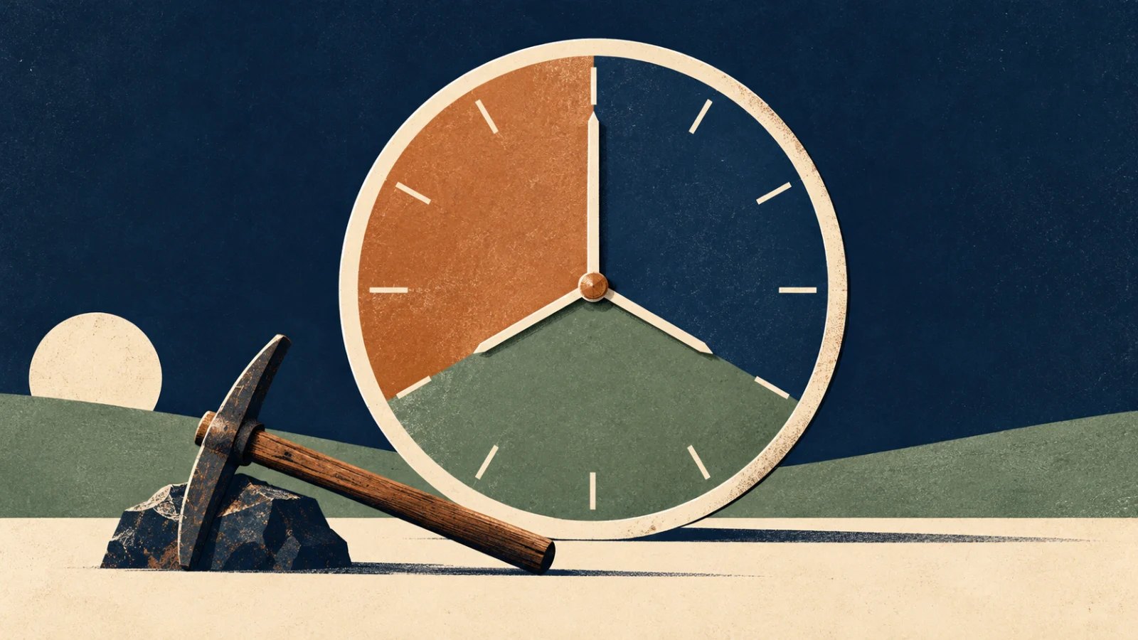 Clock divided into three equal coloured sections beside a worker's tool