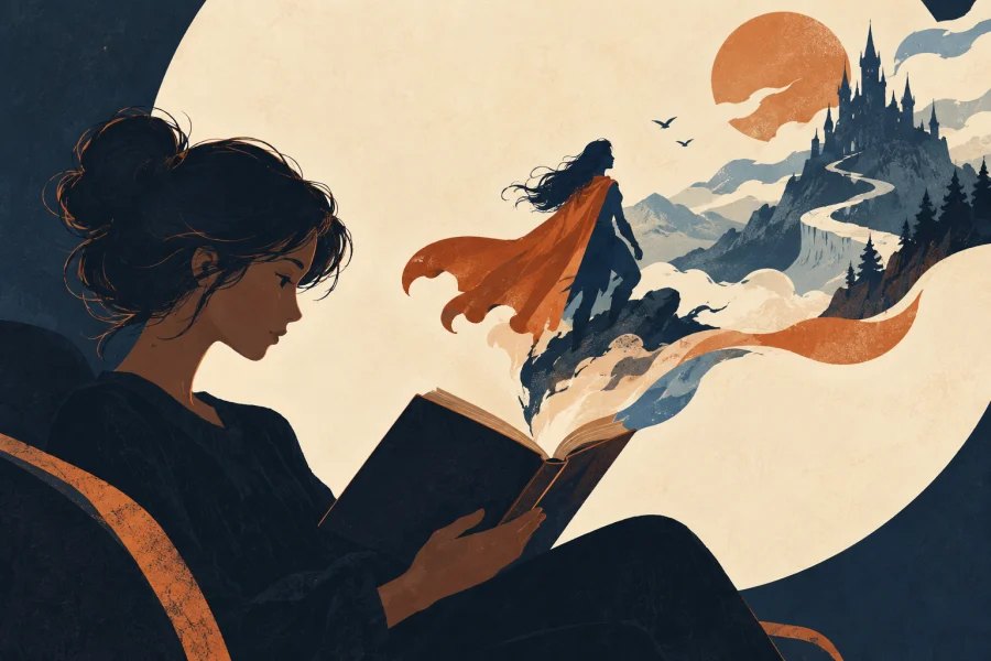 A reader imagines a fictional character emerging from a book