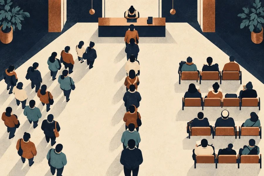 People wait for the same service in a straight line, a loose cluster and a seated group.