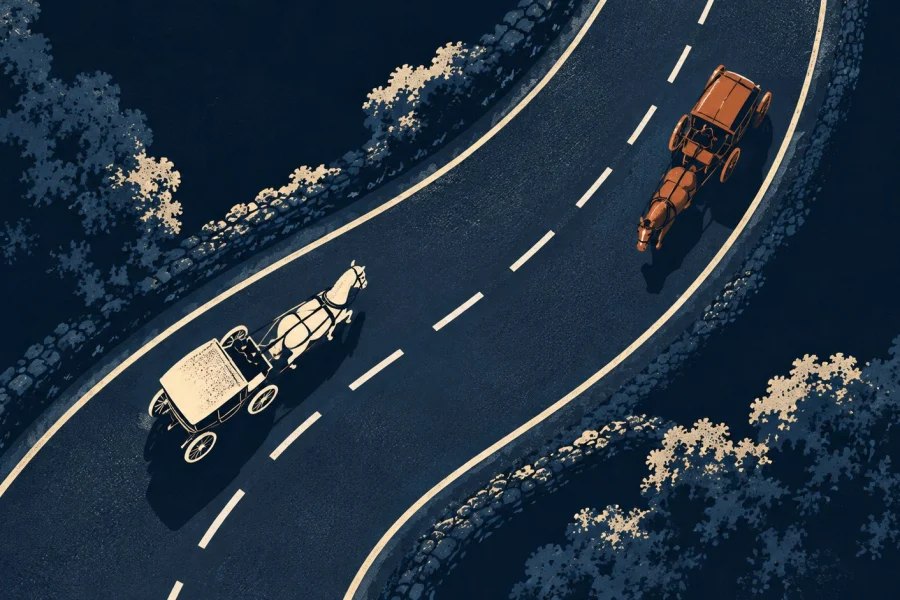 Two horse-drawn carriages travel on the left-hand sides of a curving two-lane road