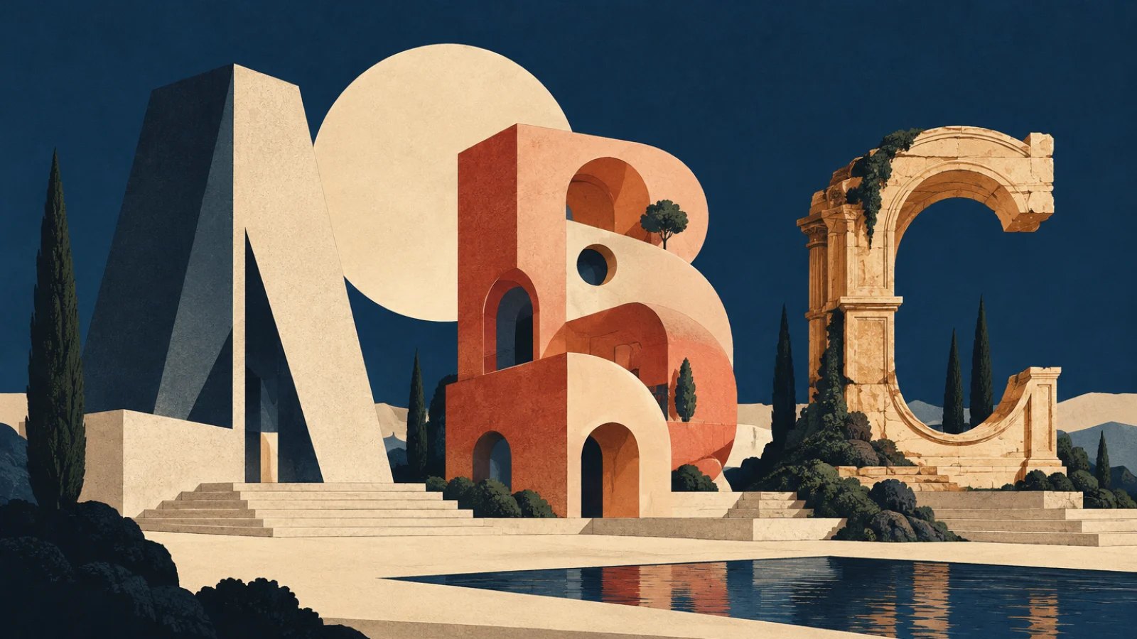 Illustration of three letterforms with contrasting visual personalities