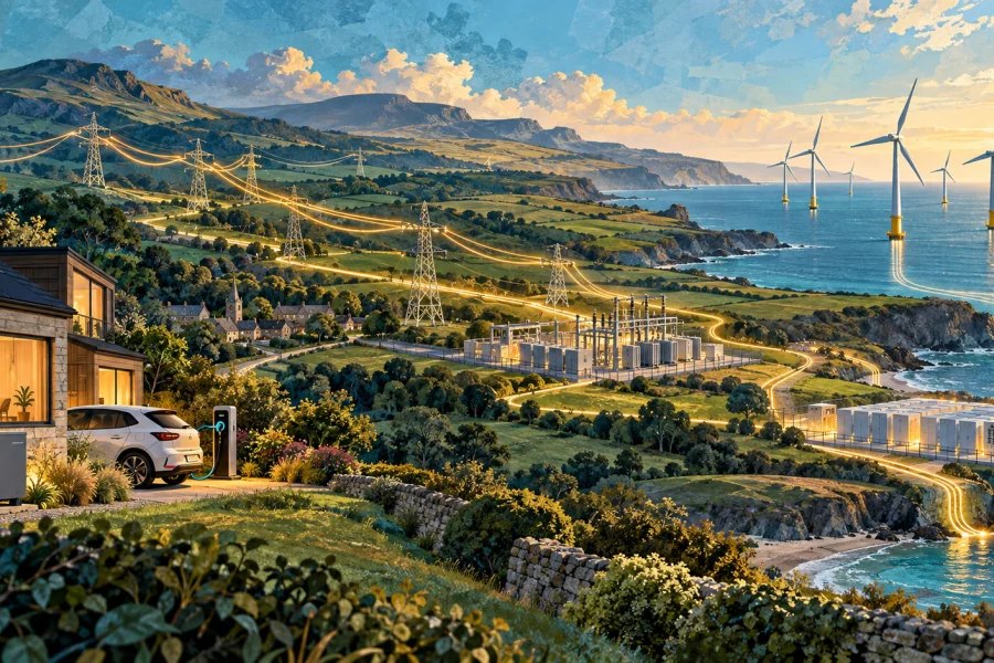Homes, electricity lines, a substation and offshore wind turbines connected across a landscape