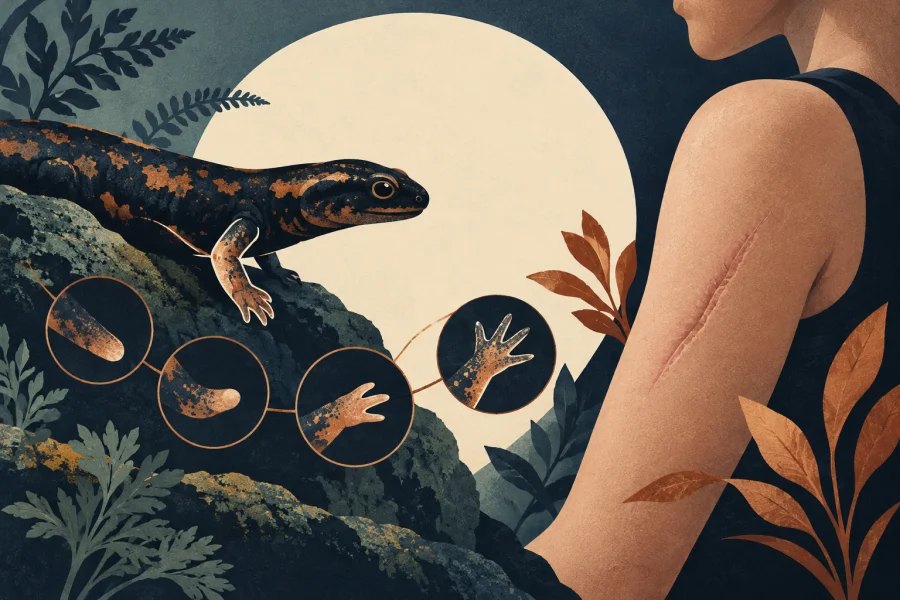 salamander limb regrowth beside a human healing scar, schematic and non-graphic