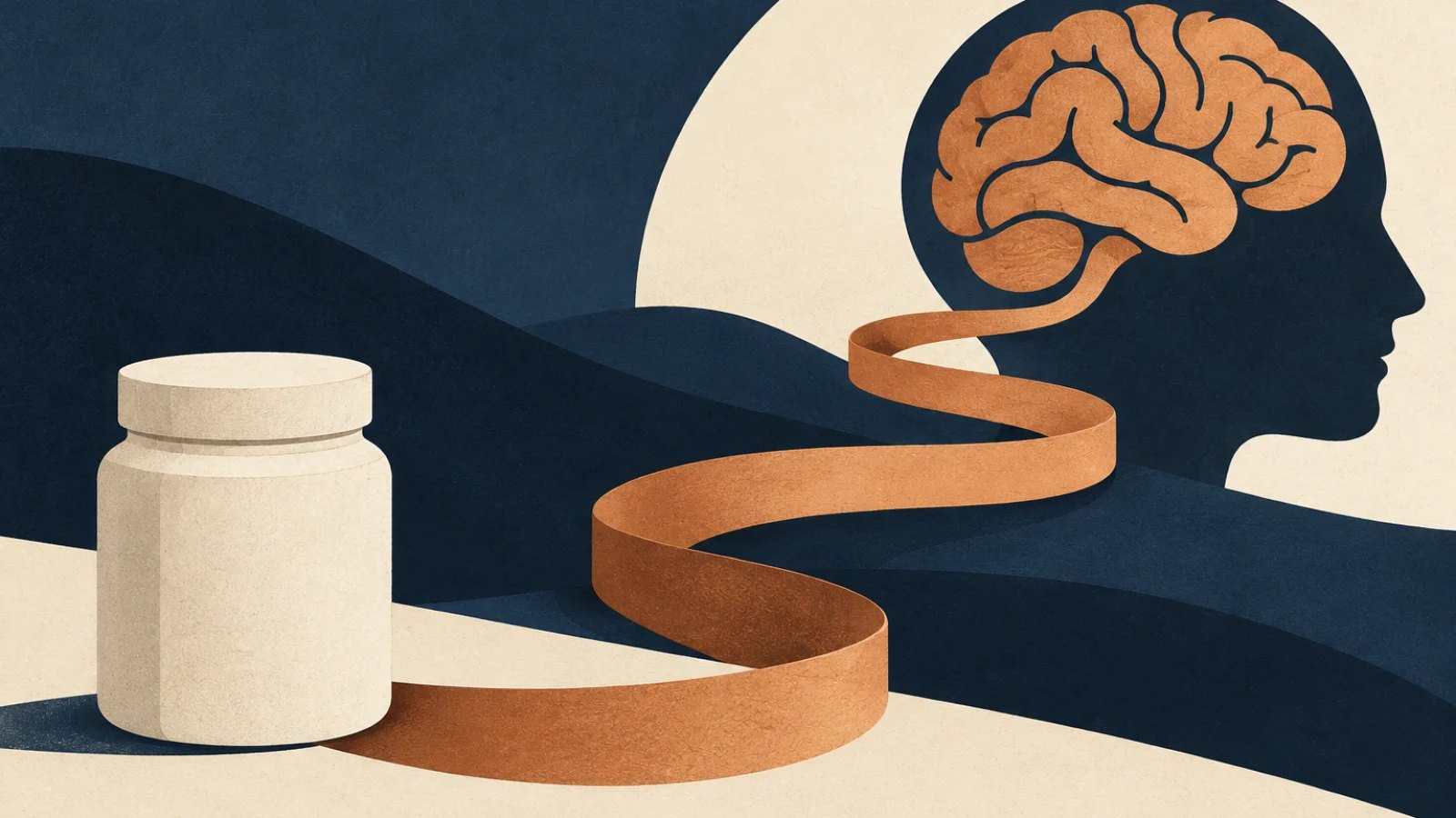 A plain treatment jar connects by a curved ribbon to a stylised brain, illustrating the role of expectation in pain.