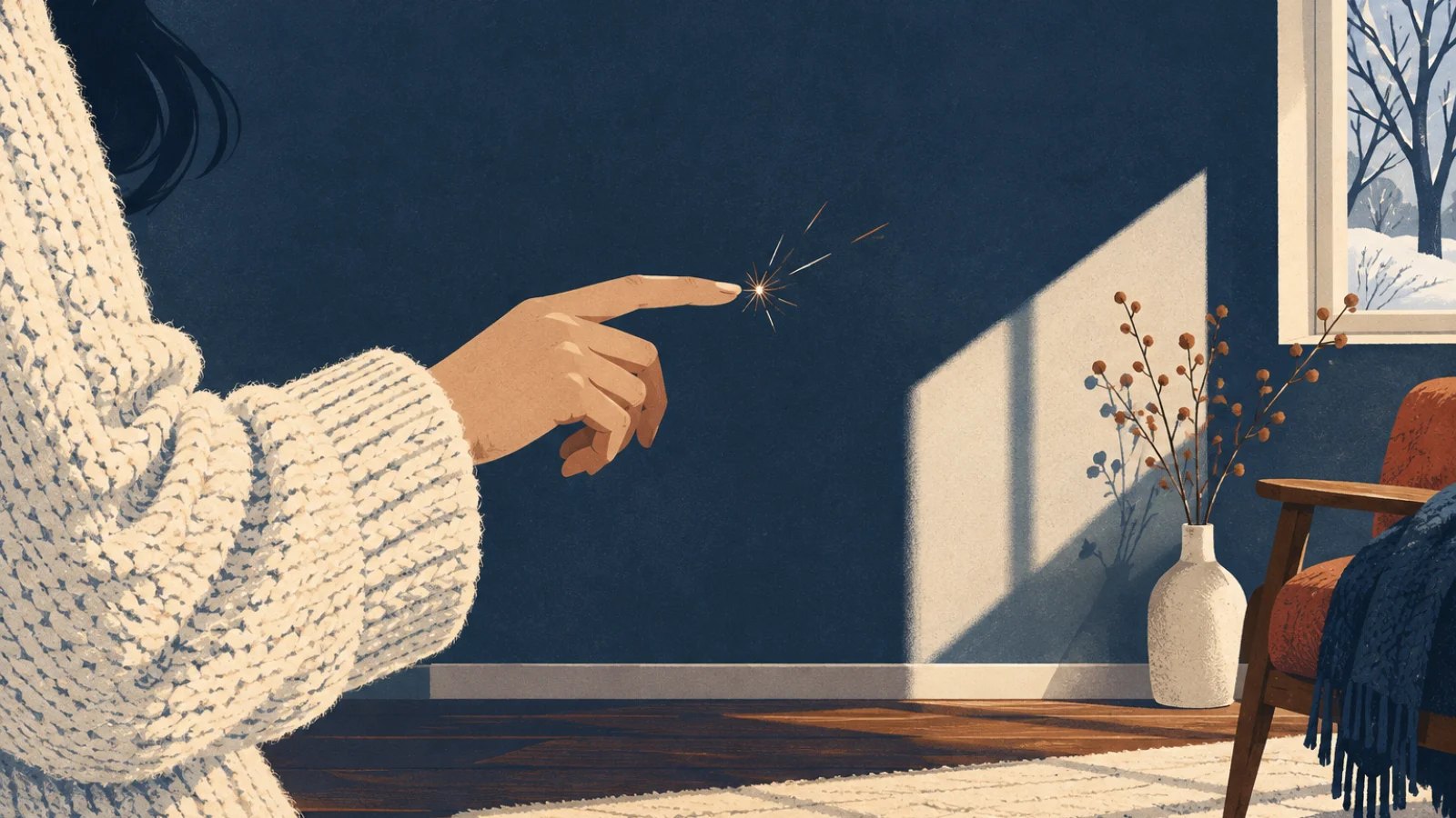 A small static spark jumps from a finger in a dry winter room