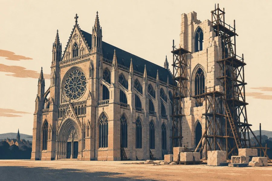 An illustrated Gothic cathedral with one tower unfinished and surrounded by timber scaffolding.