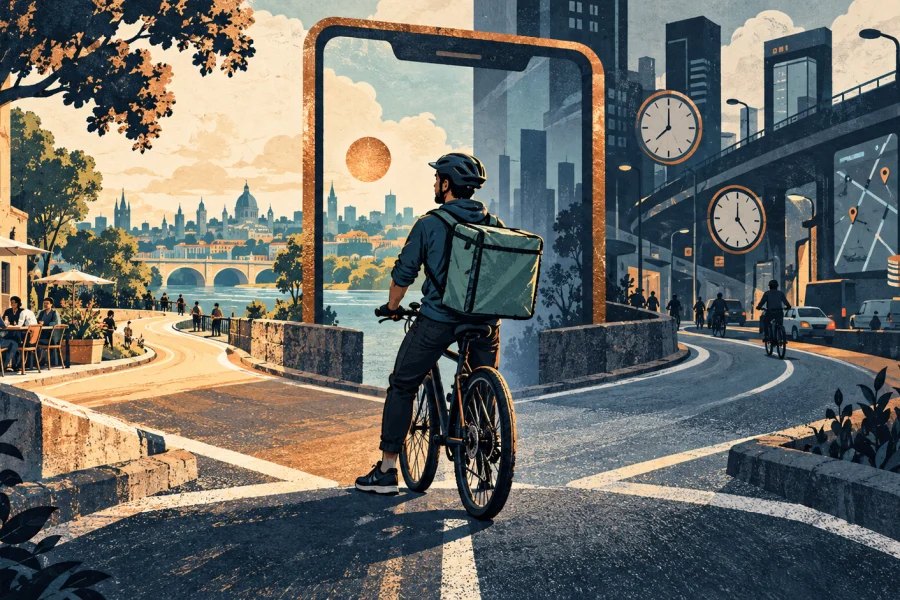 Bicycle courier at a fork between flexible work and app-directed city routes