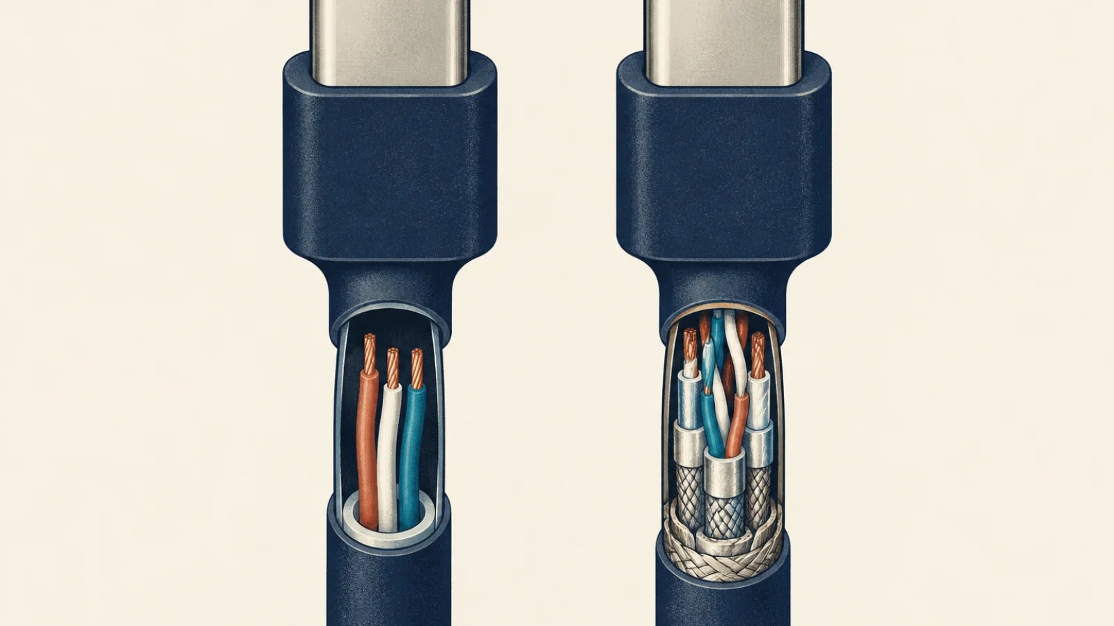 Two identical USB-C plugs shown with different internal cable wiring, one simple and one densely shielded.