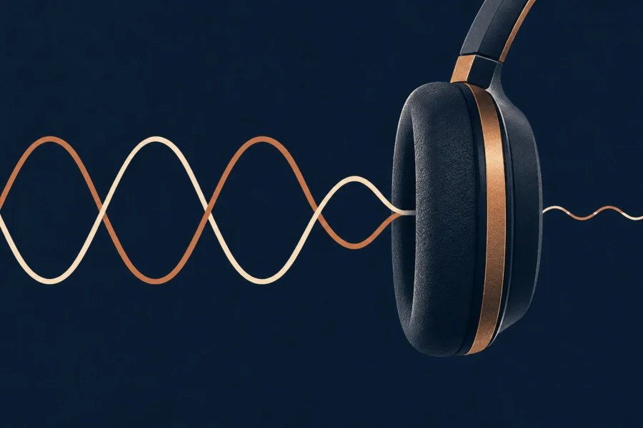 Two opposing sound waves meet at an over-ear headphone cup and continue as a smaller wave