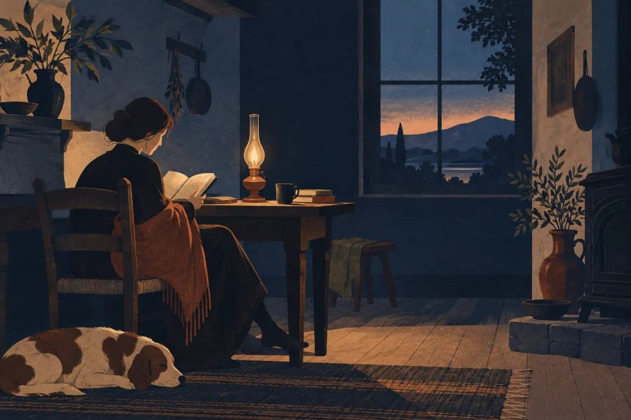 a pre-electric evening interior with a single oil lamp and darkening window