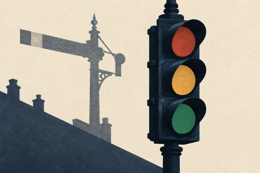 A modern three-colour traffic signal beside the silhouette of an early semaphore road signal.