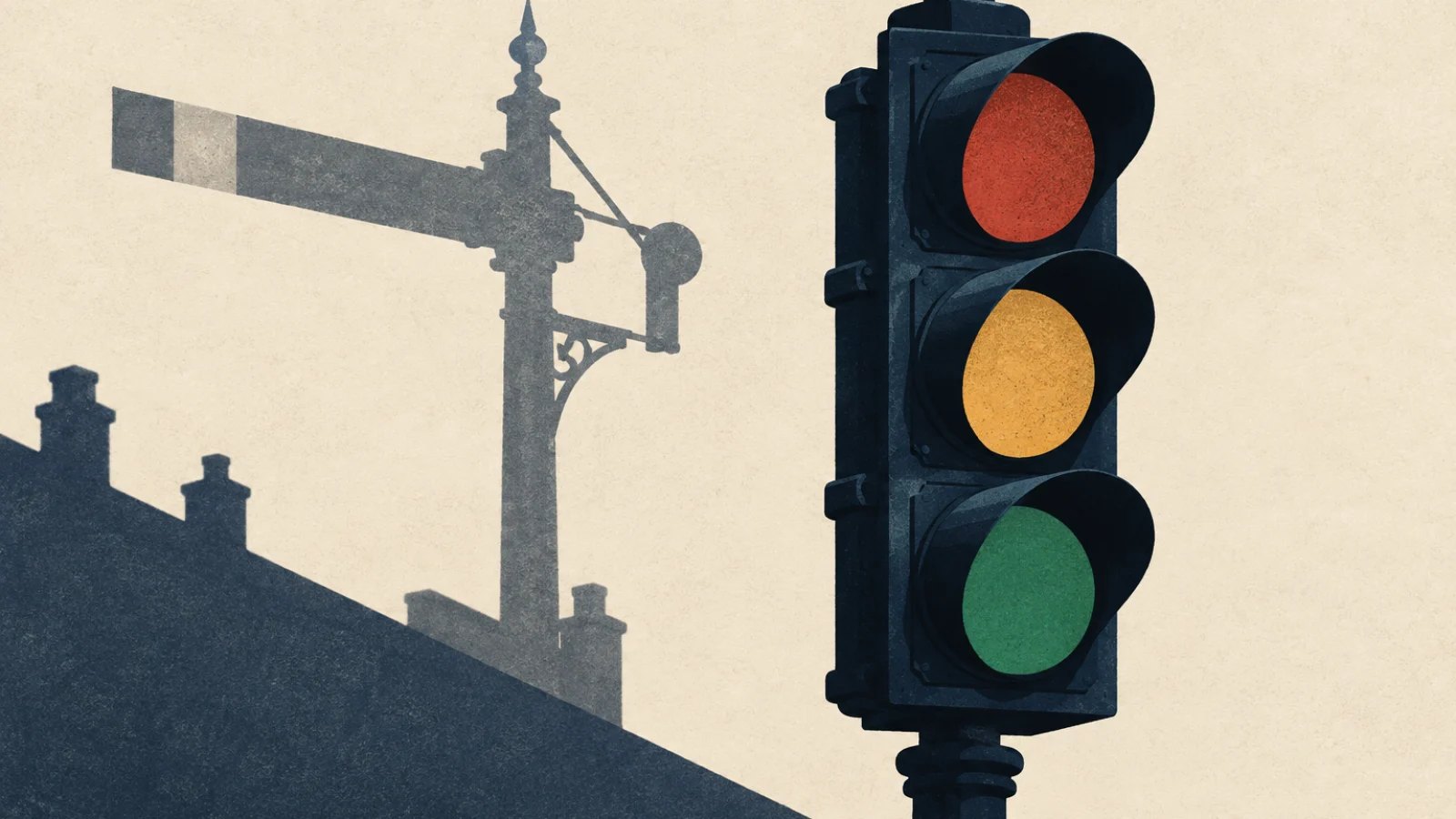 A modern three-colour traffic signal beside the silhouette of an early semaphore road signal.