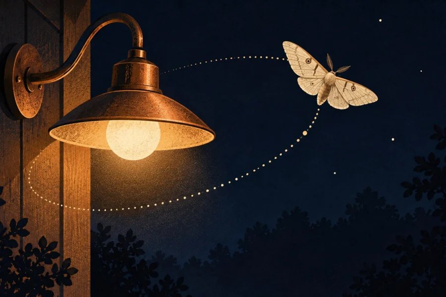 A pale moth follows a curved dotted flight path near a copper porch lamp at night