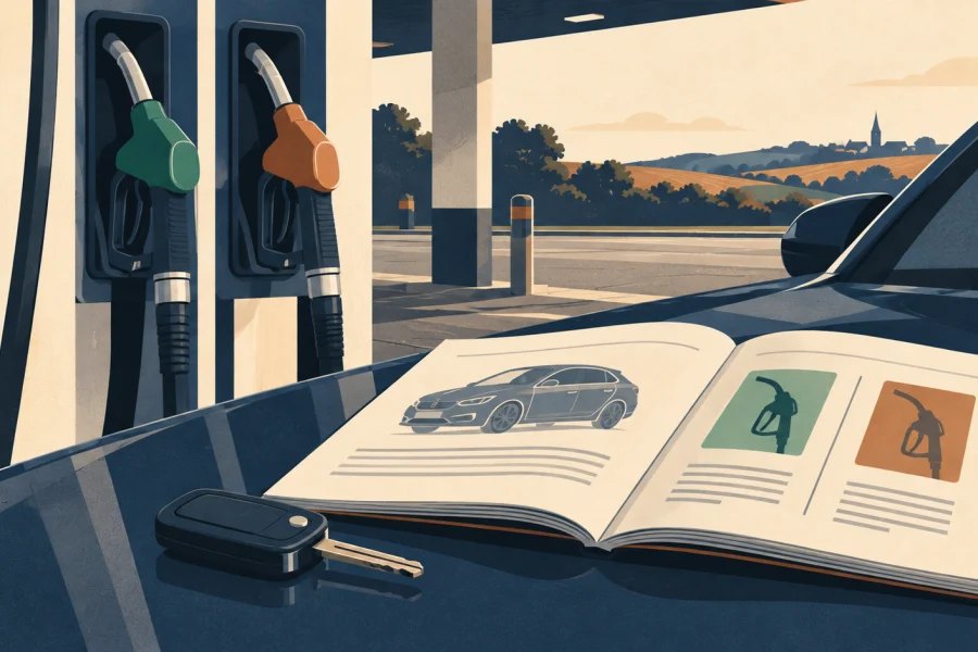Two petrol nozzles beside a car handbook and key at a British forecourt, illustrated in navy and copper.