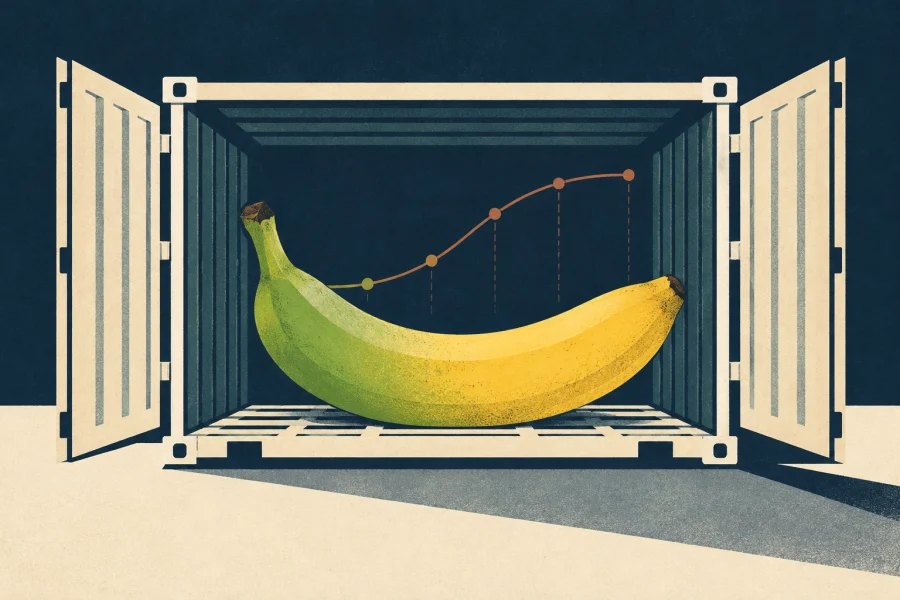 Green-to-yellow banana inside the outline of a refrigerated shipping crate