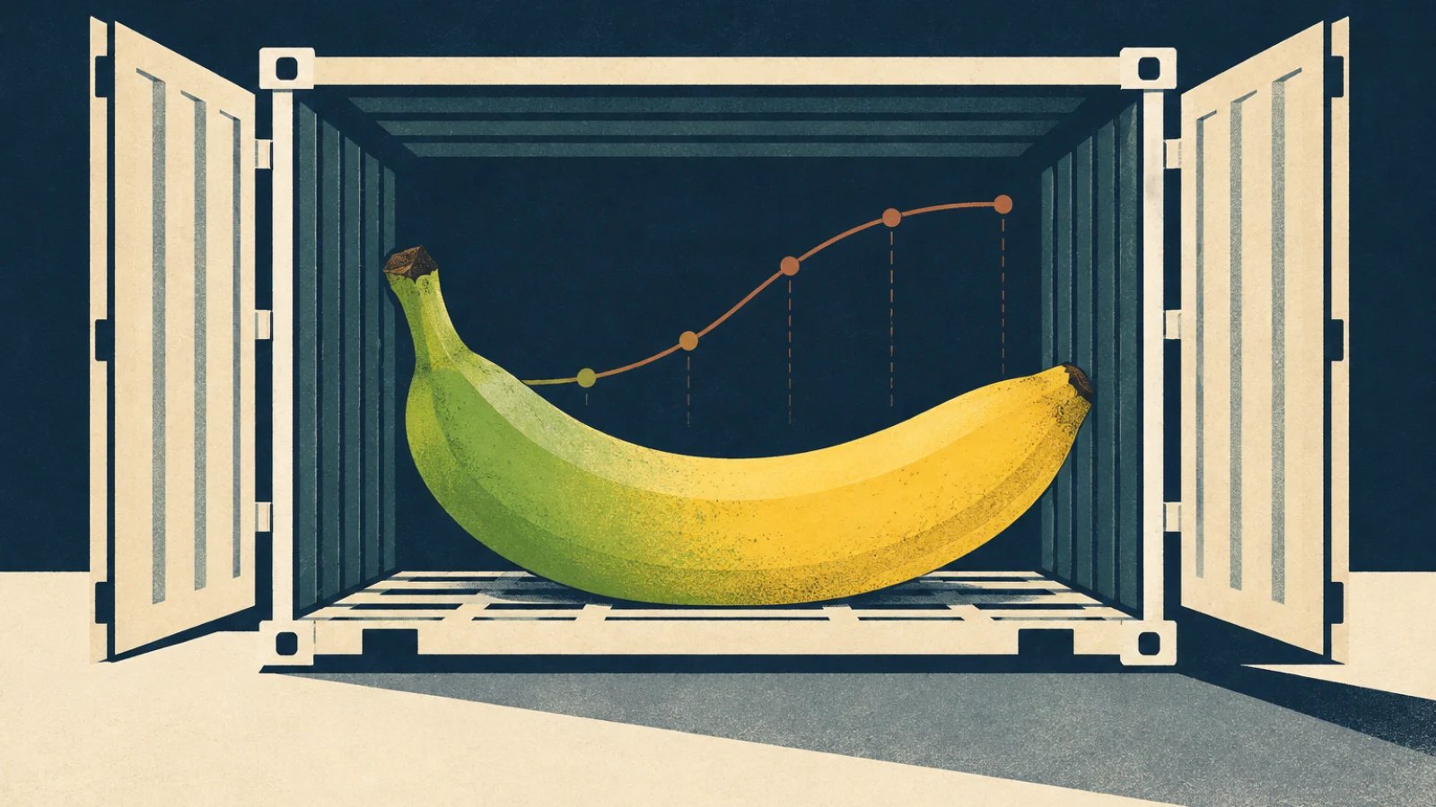 Green-to-yellow banana inside the outline of a refrigerated shipping crate