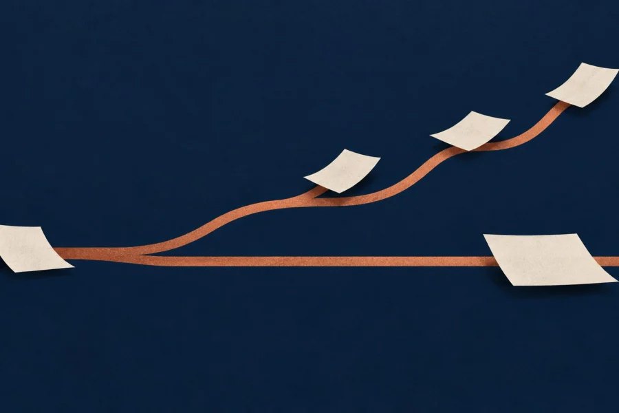 Blank paper messages travel along two copper paths, with several on the faster rising path and one on the slower straight path