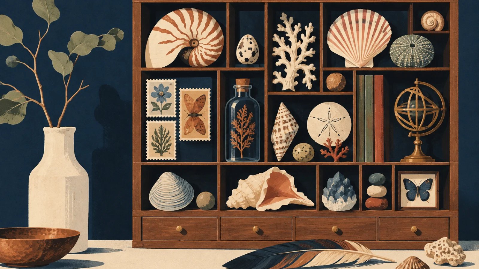 a cabinet of carefully arranged shells, stamps and small treasured objects