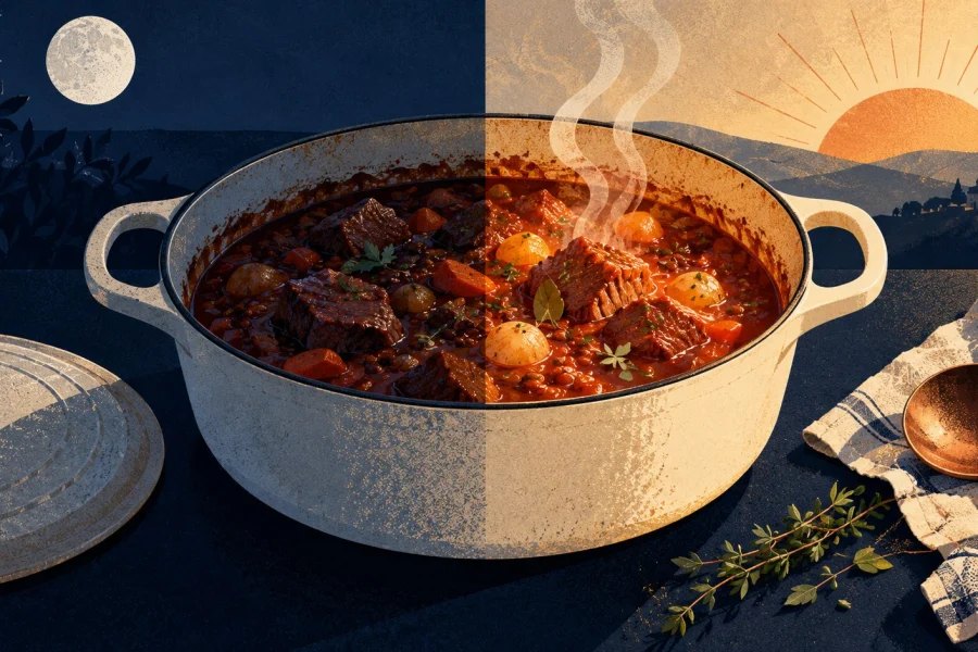 A pot of stew bridges a moonlit night and a warm sunrise, with steam rising from the reheated half