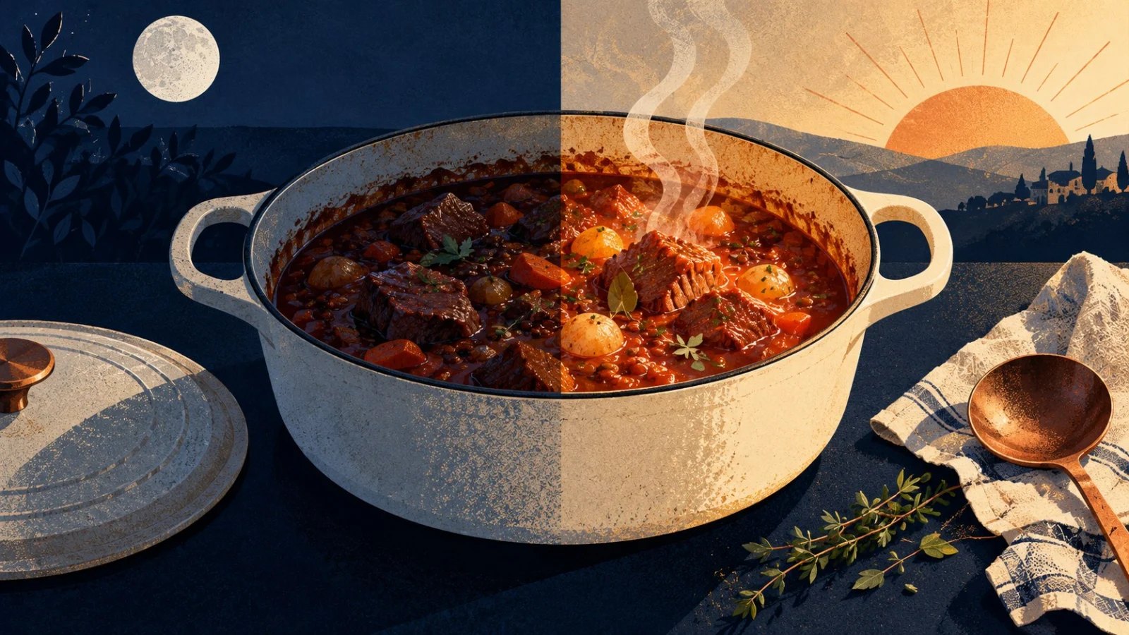 A pot of stew bridges a moonlit night and a warm sunrise, with steam rising from the reheated half