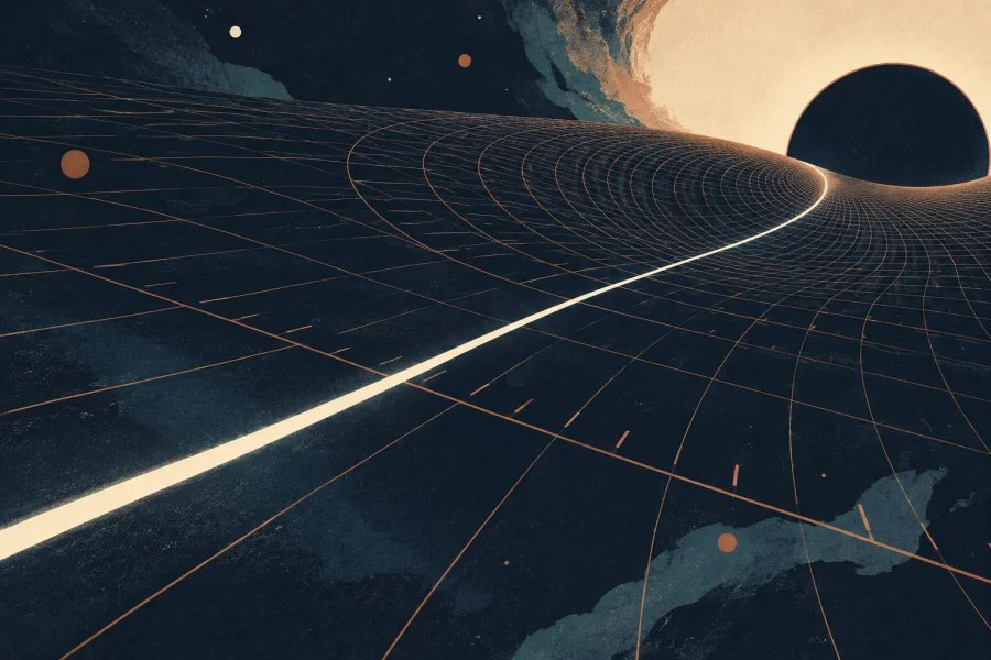 Illustration of a light beam crossing curved spacetime towards a distant horizon