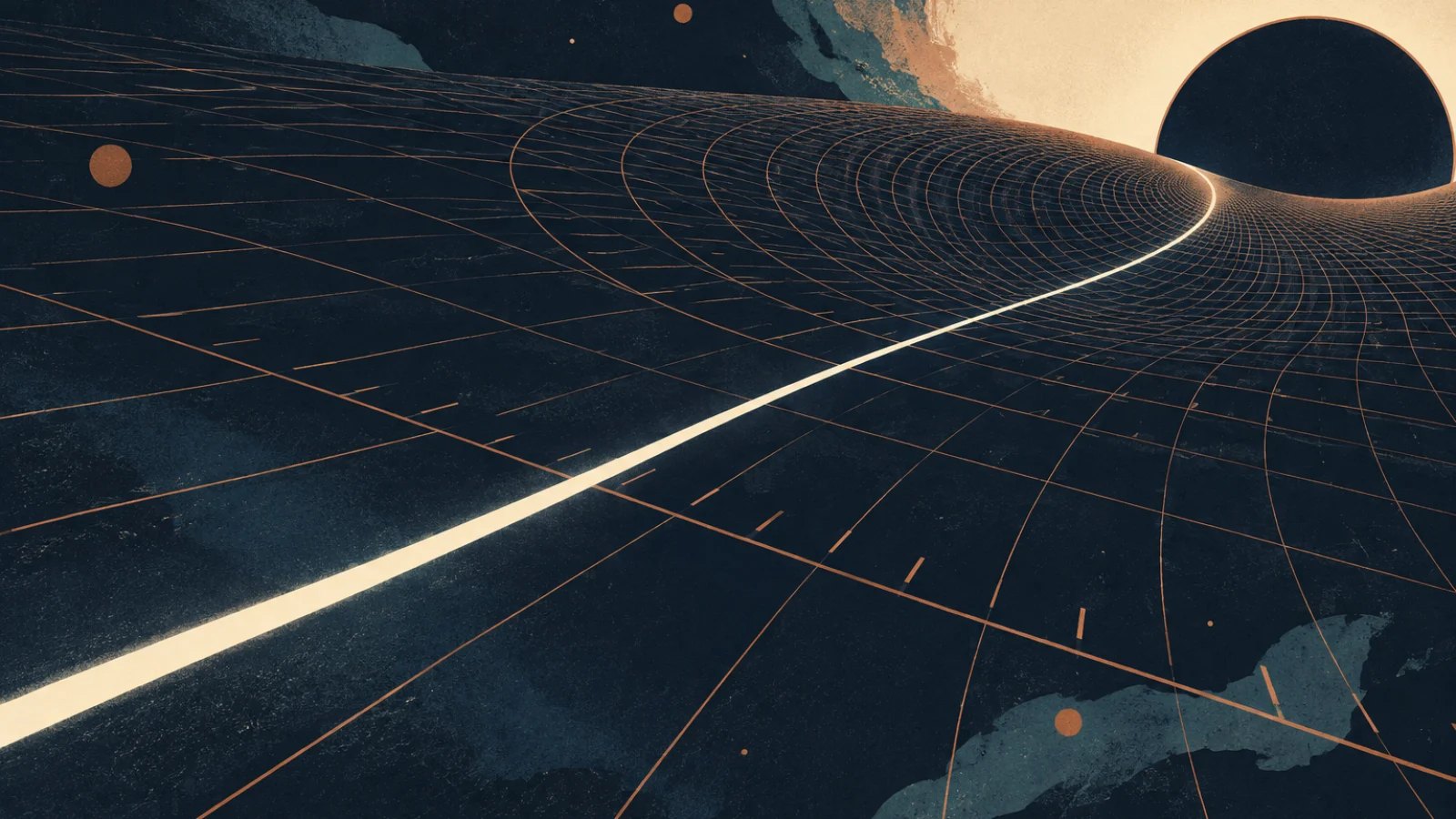 Illustration of a light beam crossing curved spacetime towards a distant horizon