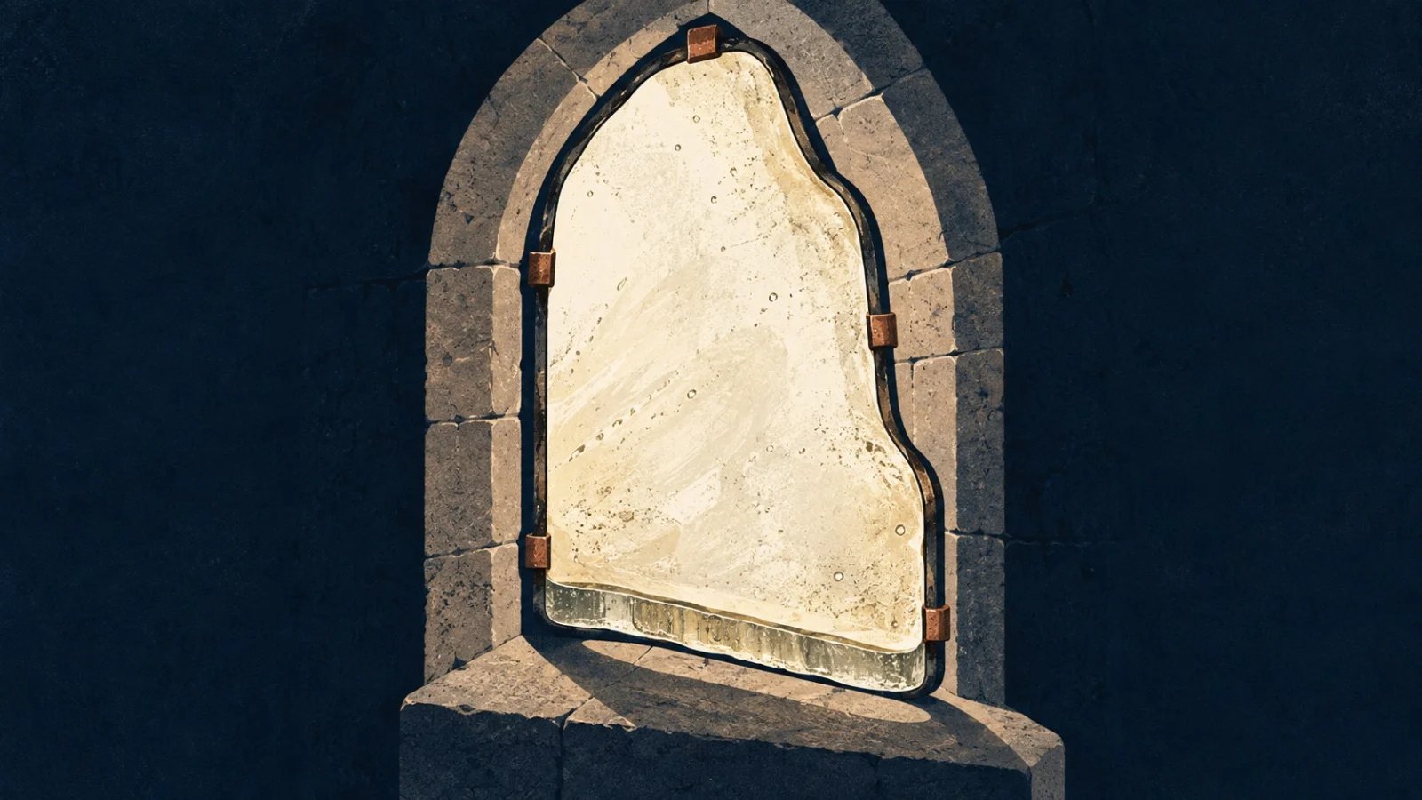 A thick-bottomed old glass pane held rigidly in a stone window frame, illustrated in cream and navy